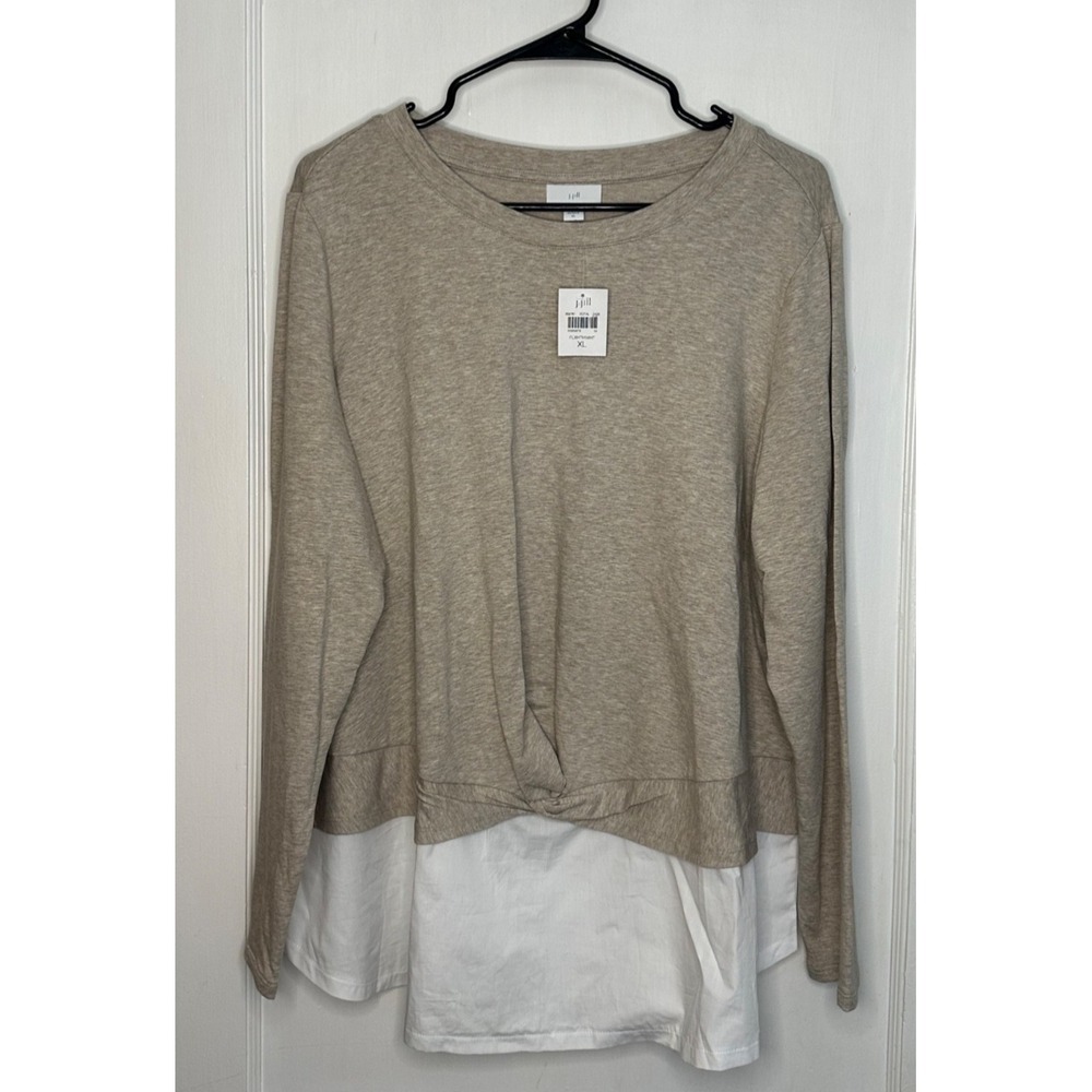 NWT J. Jill Size L Mixed Media Twist Front Shirt Flax Heather Layered Sweatshirt